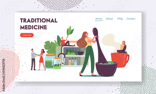 Traditional Medicine Landing Page Template. Doctors Characters Make Drugs of Medical Herbs and Plants, Preparing Recipes
