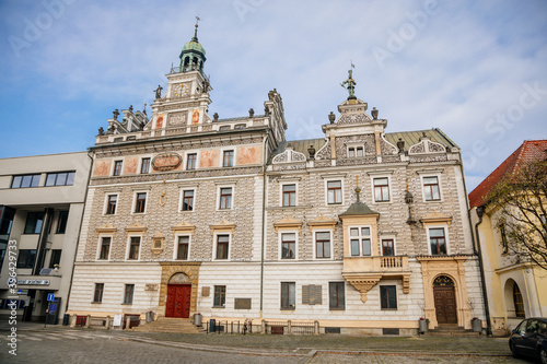 Main town Charles' square with renaissance historical medieval town hall in Kolin, Sgraffito wall decor on the facade, Central Bohemia, Czech Republic