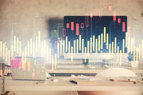 Multi exposure of financial graph drawing and office interior background. Concept of market analysis.