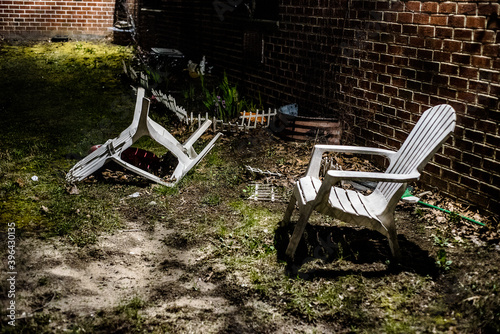 Plastic chairs in the garden, New York City, USA