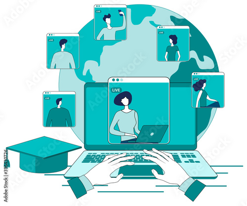 Online education.People connect with each other through video conferences to gain knowledge.The concept of distance learning,using a laptop when you are anywhere in the world.