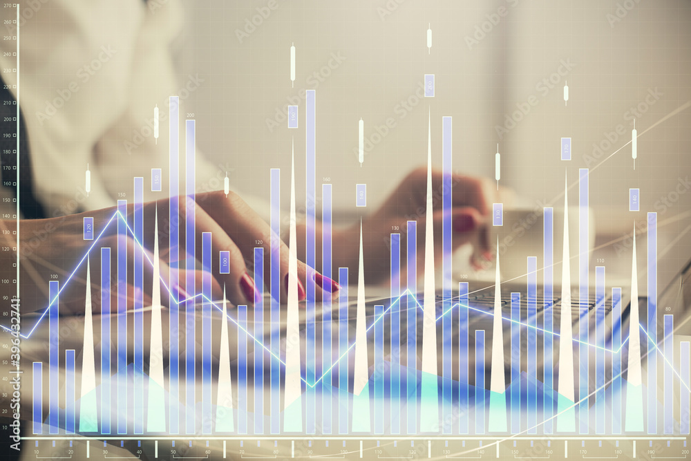 Multi exposure of woman hands typing on computer and financial graph hologram drawing. Stock market analysis concept. Multi exposure of woman hands typing on computer and financial graph hologram drawing. Stock market analysis concept.