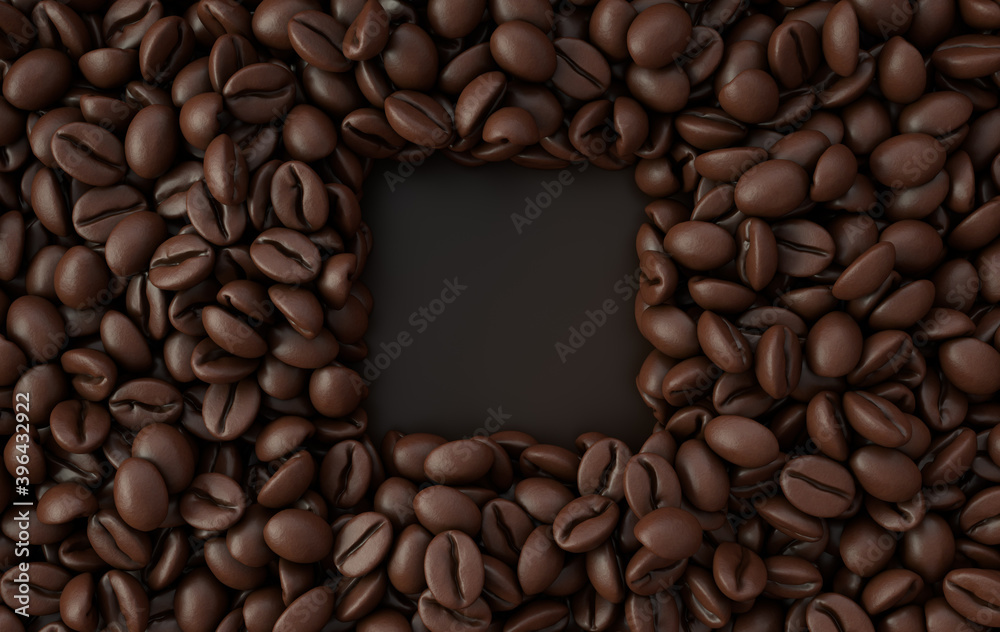Fresh roasted coffee beans frame 3d rendering background. Masses of coffee beans close up. Top view Fresh roasted coffee beans frame 3d rendering background. Masses of coffee beans close up. Top view
