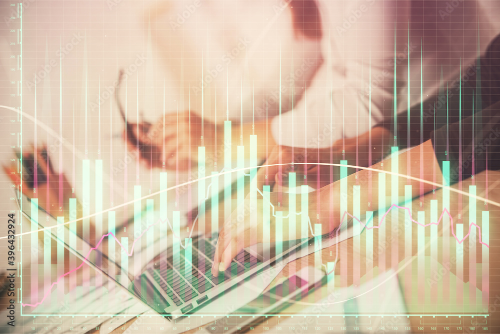 Multi exposure of woman hands typing on computer and financial chart hologram drawing. Stock market analysis concept. Multi exposure of woman hands typing on computer and financial chart hologram drawing. Stock market analysis concept.