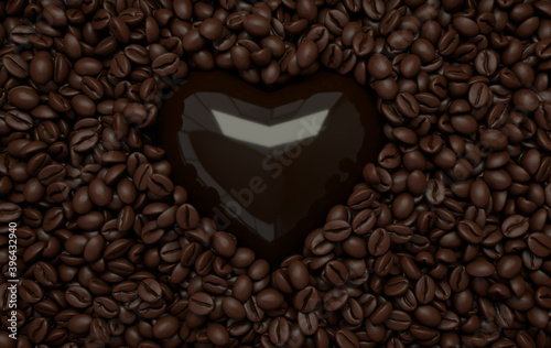 Fresh roasted coffee beans chocolate heart3d rendering background. Masses of coffee beans close up. Top view photo
