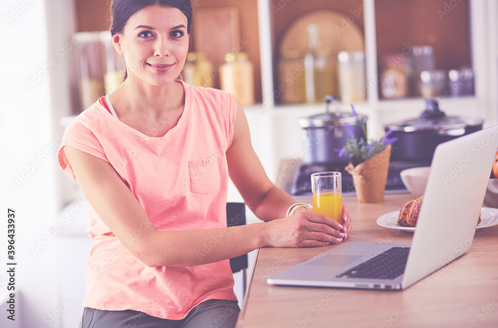Young woman in kitchen with laptop computer looking recipes, smiling. Food blogger concept Young woman in kitchen with laptop computer looking recipes, smiling. Food blogger concept