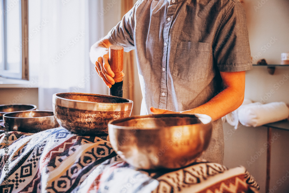 Tibetan copper bowl for meditation, close-up photo Tibetan copper bowl for meditation, close-up photo