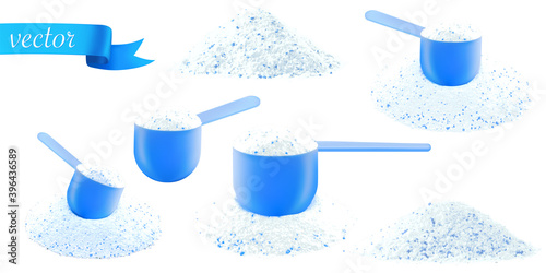 Detergent shirt. Soap white texture with scoop. Liquid powder in cup for washing machine. Laundry wash clothes background. Eco style cleaning concept.