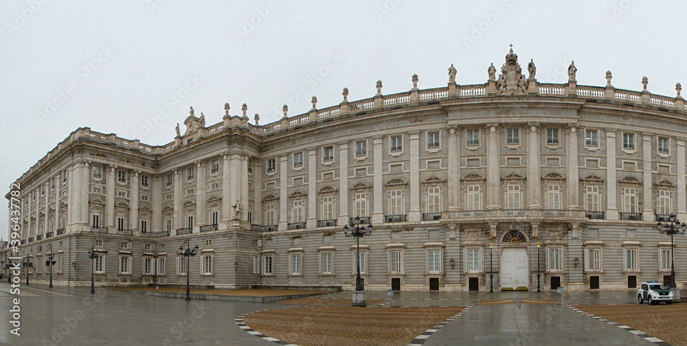 Heritage. Monumental architecture and design. Panorama view of the Royal Palace of Madrid baroque facade in Madrid. Spain.