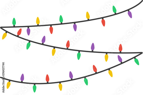Colorful hanging string lights in flat style on white background.Color Christmas lights isolated . New Year concept illustration.
