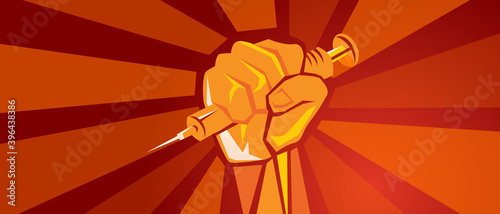 covid-19 vaccination poster hand holding vaccine syringe symbol of fighting pandemic red background design