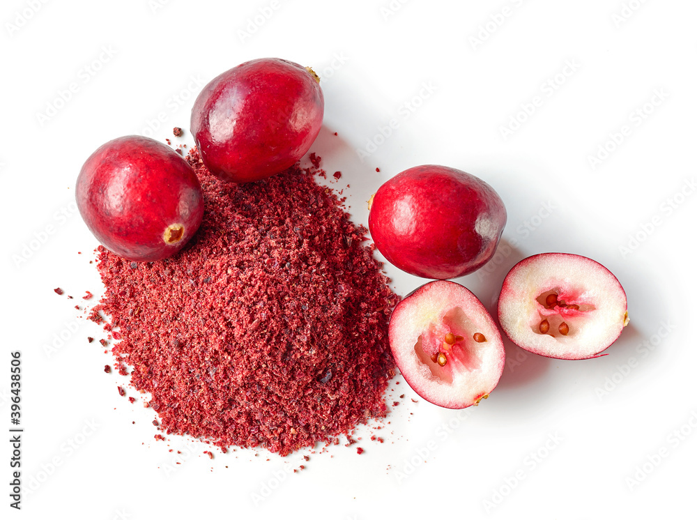 dried cranberry powder and fresh cranberries - obrazy, fototapety, plakaty 