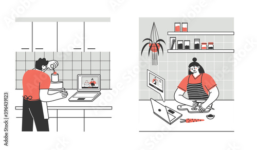 Young people, adults prepare food at home via laptop or tablet. Spending time in the kitchen, cooking training, hobby. Preparation of homemade meals.