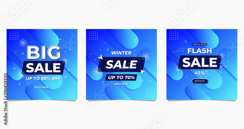 Set of social media post template for Winter Sale promotion with design on blue fluid background
