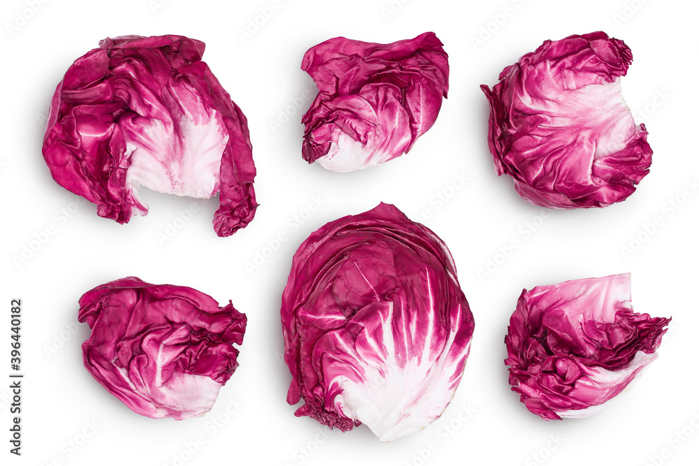 Fresh red radicchio salad leaf isolated on white background with clipping path and full depth of field, Top view. Flat lay Fresh red radicchio salad leaf isolated on white background with clipping path and full depth of field, Top view. Flat lay