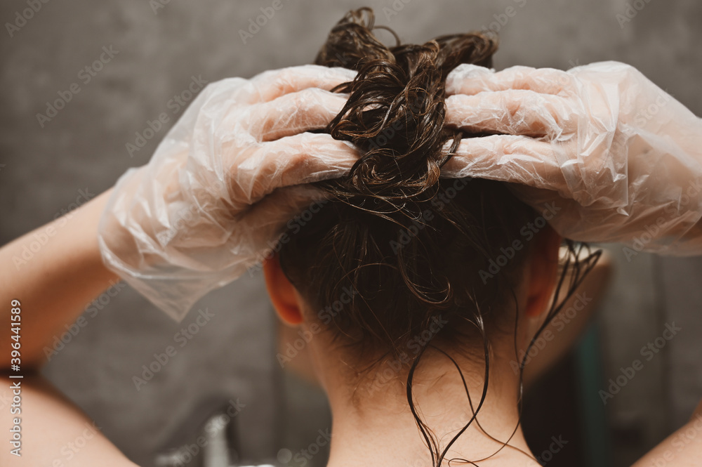 Fototapeta premium A young woman puts a healing mask on her hair at home. The girl coloring her hair in her own bathroom. Self-care and lifestyle, solving hair issues.
