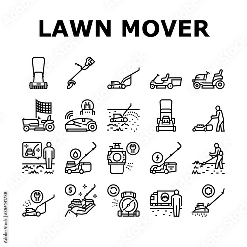 Lawn Mower Equipment Collection Icons Set Vector. Electrical, Gasoline And Smart Automatical Lawn Mower Garden Machine For Cutting Grass Black Contour Illustrations