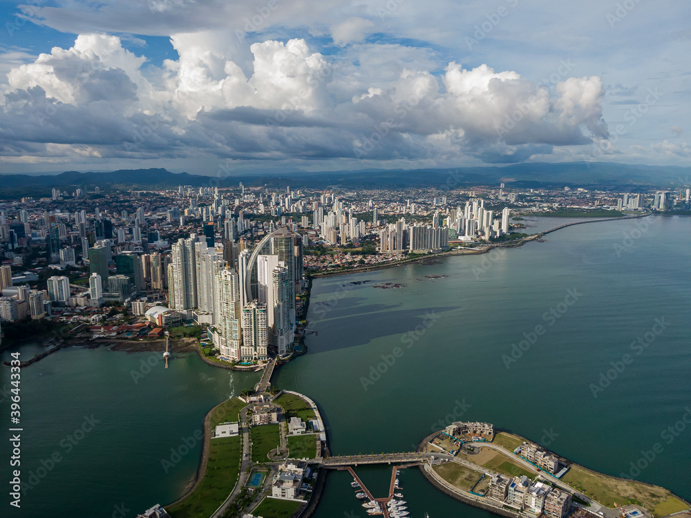 Beautiful aerial view of the The Bahia Grand Panama and the Majestic city of Panama and the Skyscrapers 
