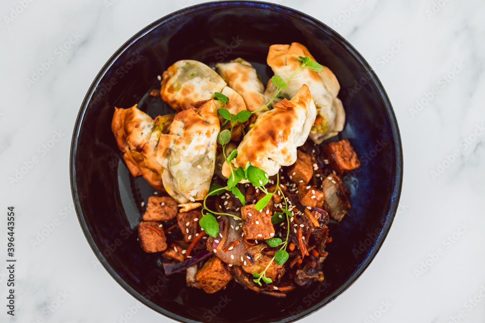Fototapeta premium plant-based food, vegan gyozas with teriyaki vegetables and marinated tofu bites