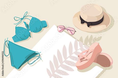 Fashionable summer beach set of swimsuit  hat  sunglasses and beach slippers. Vector flat illustration. 