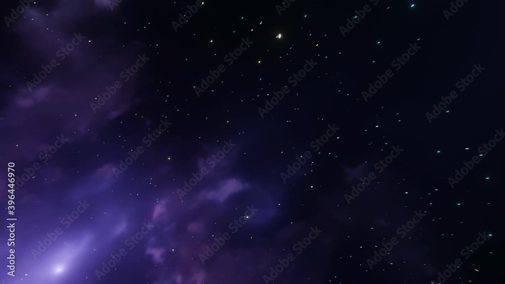 CGI Loopable Space Travel Forward Animation Through Blue and Violet Nebula Clouds and Star Clusters.
