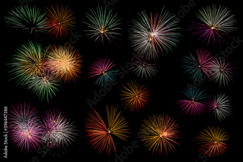 Set of colorful fireworks isolated on black background, Colorful fireworks collection