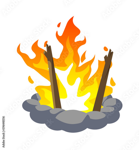 Burning campfire surround stone isolated on white background