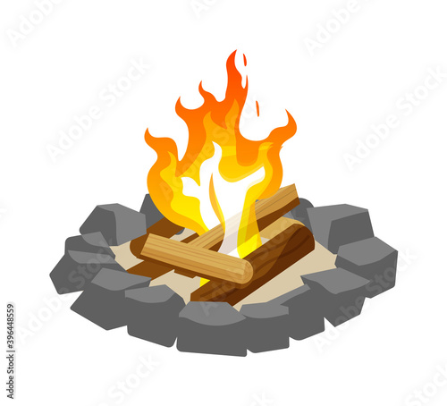 Log burning in campfire surrounded with stone isolated
