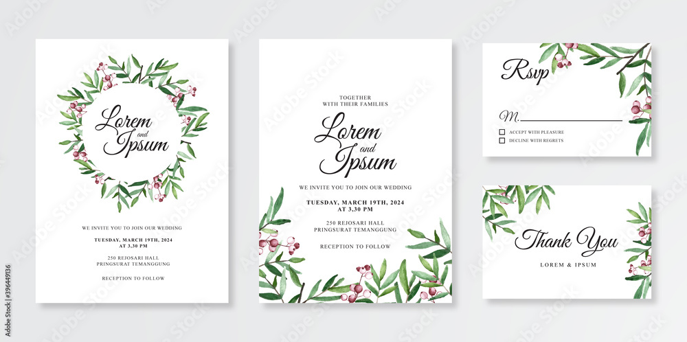 Minimalist wedding card invitation template with hand painted watercolor floral