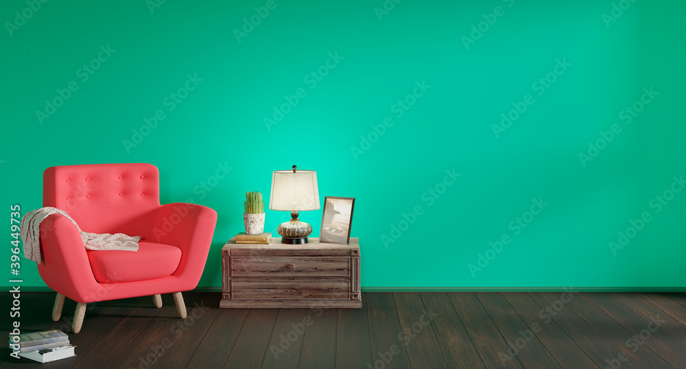 Interior of the living room, colored wall with a pink armchair or sofa, and blanket. On the background of the wall with free space on the right. 3d rendering., 3D illustration