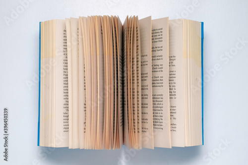 Top view of open book on white background