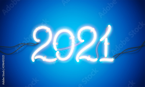 Glowing neon sign 2021 with wires, tubes and brackets. Vector element for New Year card, logo, calendar or other design.