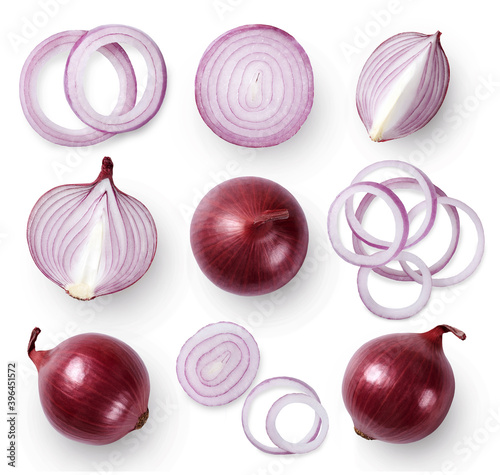 Fototapeta A set of whole and sliced red onion isolated on white background