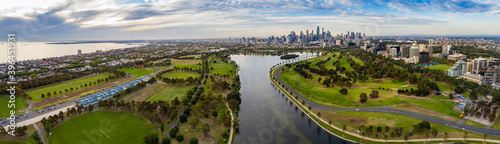 Panoramic view of the beautiful city of Melbourne as captured from above Albert Park Lake late in the afternoon