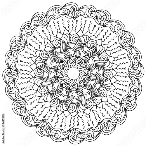 Contour zen mandala with ornate petals and curls, anti-stress coloring page with doodle motifs