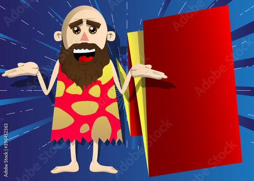Cartoon man from a prehistoric era shrugs shoulders expressing don't know gesture. Vector illustration of a man from the stone age.