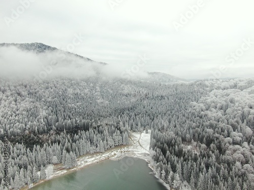 Aerial pictures of a volcanic lake in Romania called ' Sfanta Ana ' ( Saint Ann in english ) 