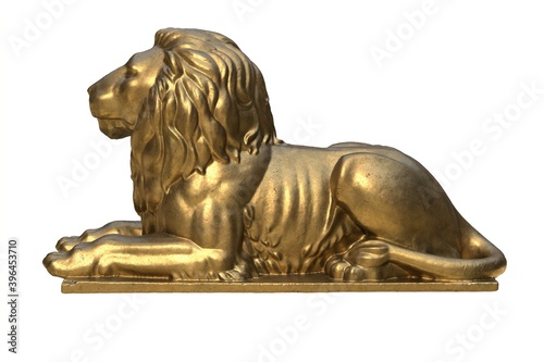 Photography 3D render of lying lion gold sculpture isolated on white
