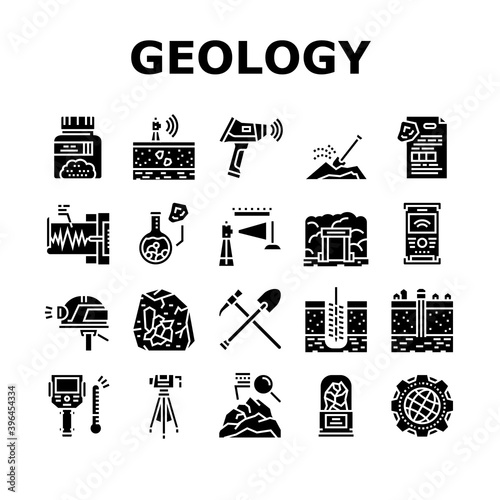 Geology Researching Collection Icons Set Vector. Gyro Theodolite And And Laser Level, Field Controller And Thermal Imager Geology Equipment Glyph Pictograms Black Illustrations