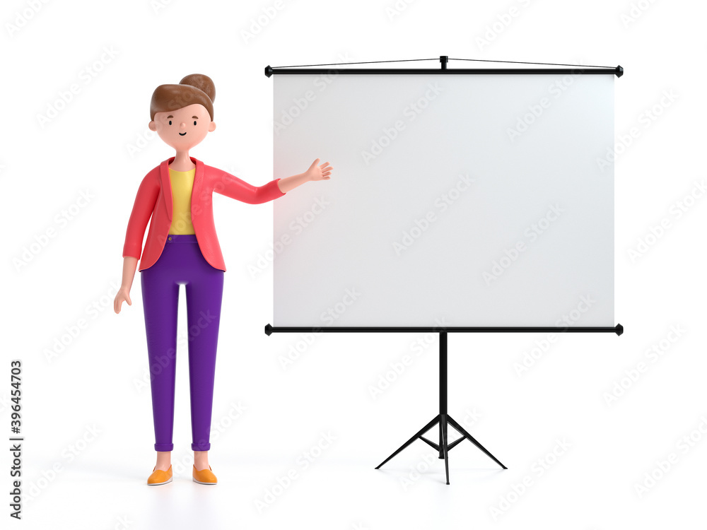 A woman standing near projector screen and pointing something. business concept. 3d rendering,conceptual image. A woman standing near projector screen and pointing something. business concept. 3d rendering,conceptual image.