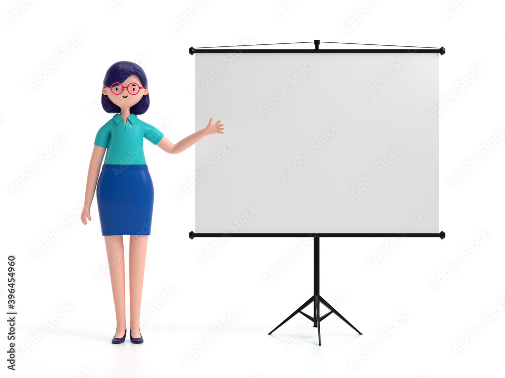 A woman standing near projector screen and pointing something. business concept. 3d rendering,conceptual image. A woman standing near projector screen and pointing something. business concept. 3d rendering,conceptual image.