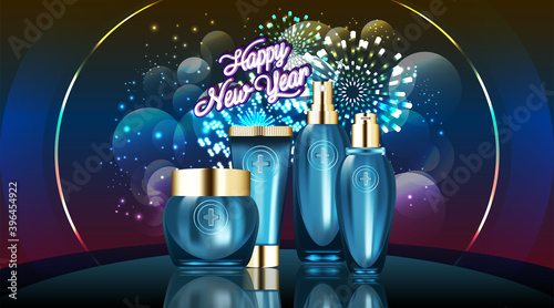 Beauty product ad design, blue cosmetic containers with holiday concept advertising background ready to use, luxury skin care banner, illustration vector.