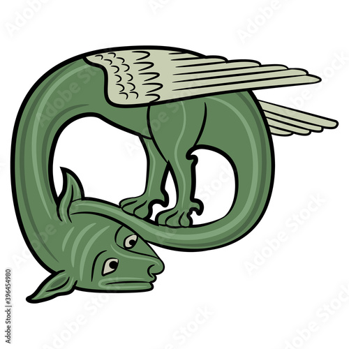 Medieval dragon. Fantastic winged mythological animal. Illuminated manuscript motif.