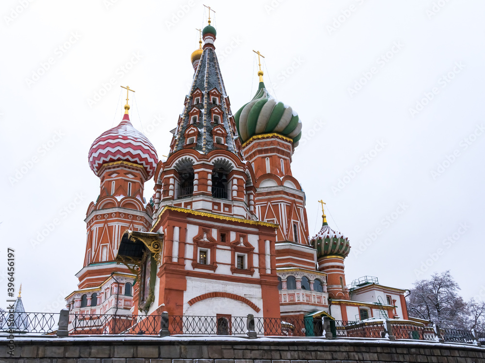 Pokrovsky Cathedral (St. Basil's Cathedral) against the background of the autumn sky in the clouds. Moscow, Russia
