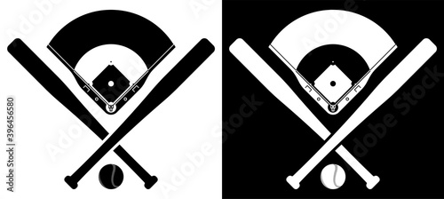 crossed sports baseball bats with ball and silhouette of baseball stadium. American national sport. Active lifestyle. Realistic vector