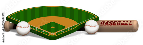 sports wooden baseball bat, balls and baseball field layout on white background. Sport design element, web banner for competitions. Realistic vector
