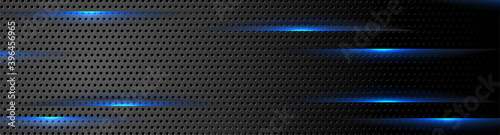 Futuristic black perforated technology background with blue neon lines. Glowing vector banner design