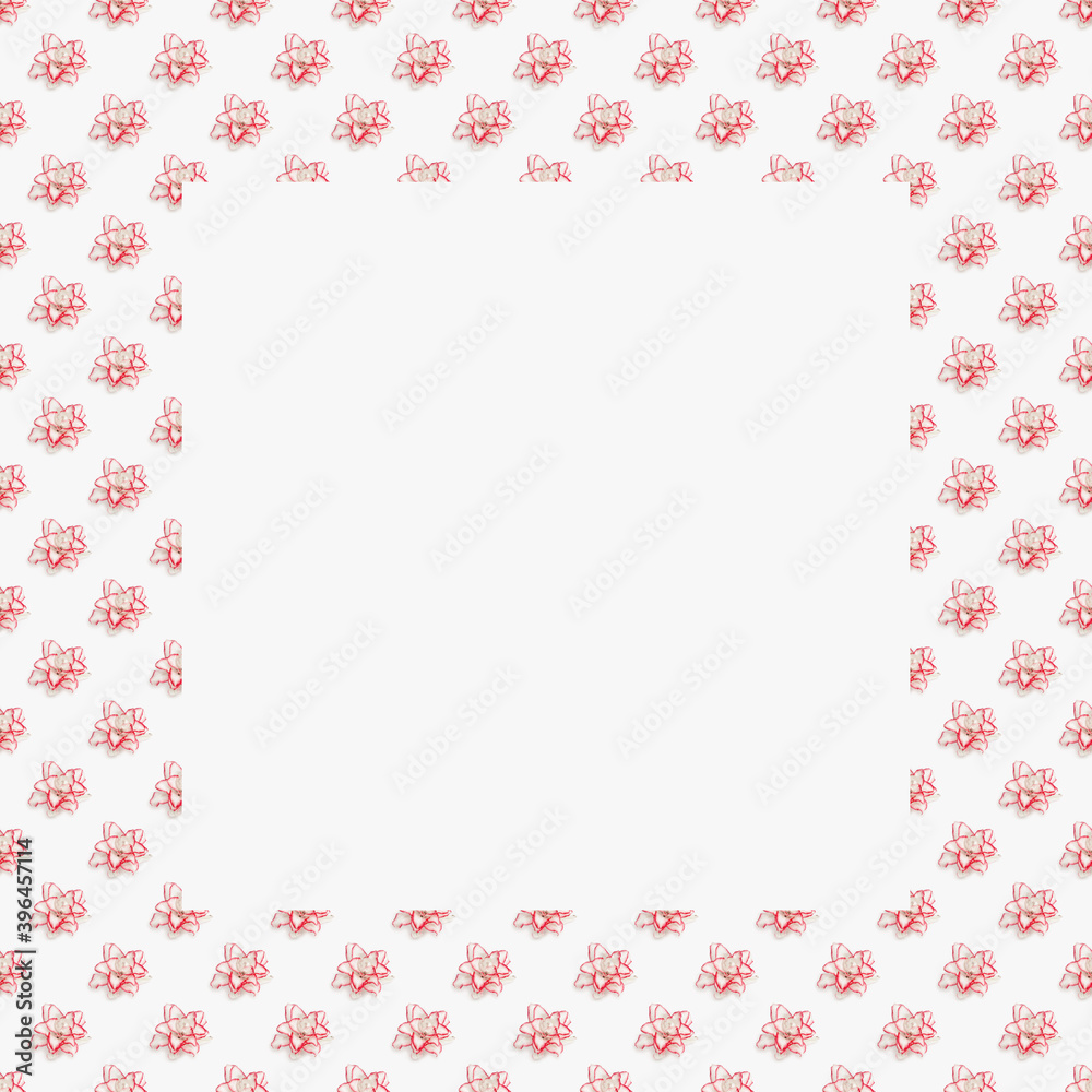 Framed floral from white lily flowers with red border, peony lily on light background