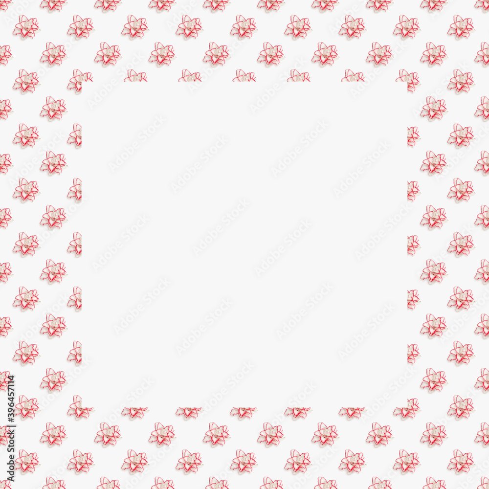 Framed floral from white lily flowers with red border, peony lily on light background Framed floral from white lily flowers with red border, peony lily on light background
