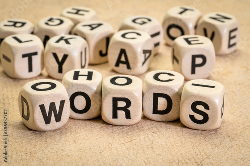 words - word abstract in wooden letter cubes against textured paper, language and communication concept photo